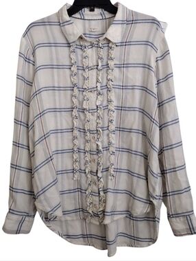Anthropologie Pilcro Ruffled Plaid Button-Up Tuxedo Shirt White Blue Size Large